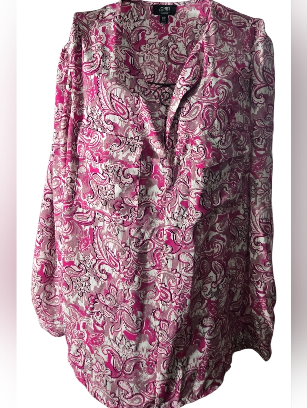 Jones New York Pink and Cream Paisley Button-Front Blouse Size XL